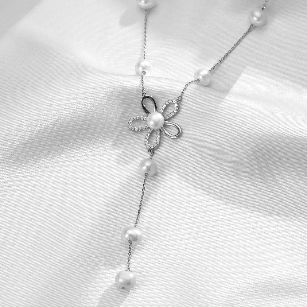 S925 Silver Hollow Flower Pearl Necklace for Women Wholesale