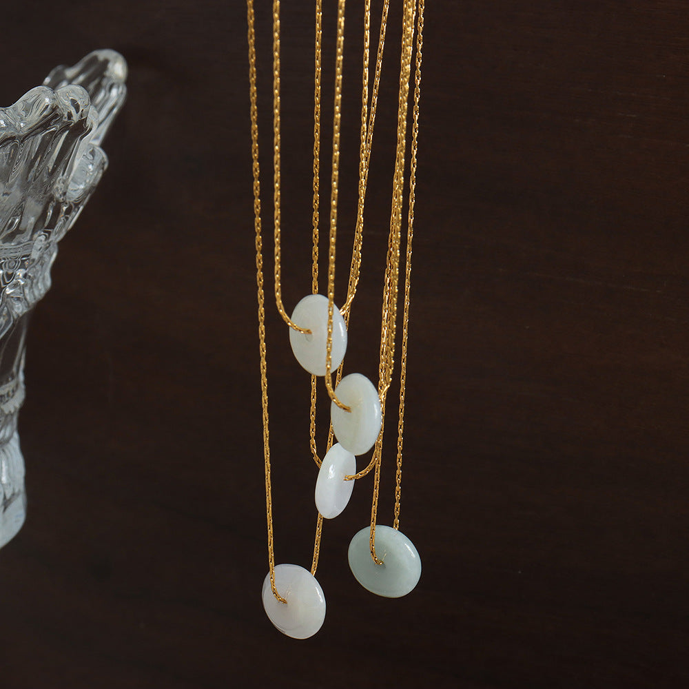 Circular Natural Stone Pendant Collarbone Chain Necklace for Women - Elegant Titanium Steel Jewelry