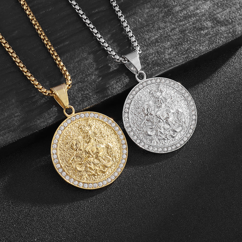 Planderful Hip Hop Necklace Titanium Steel Gold Plated St George Dragon Slayer Pendant For Hip Hop Fans