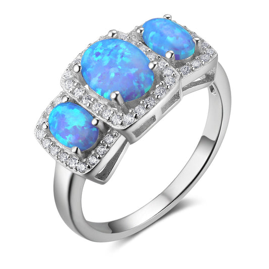 Planderful Jewelry Three Stone Oval Opal Ring In Sterling Silver With Zircon Halo