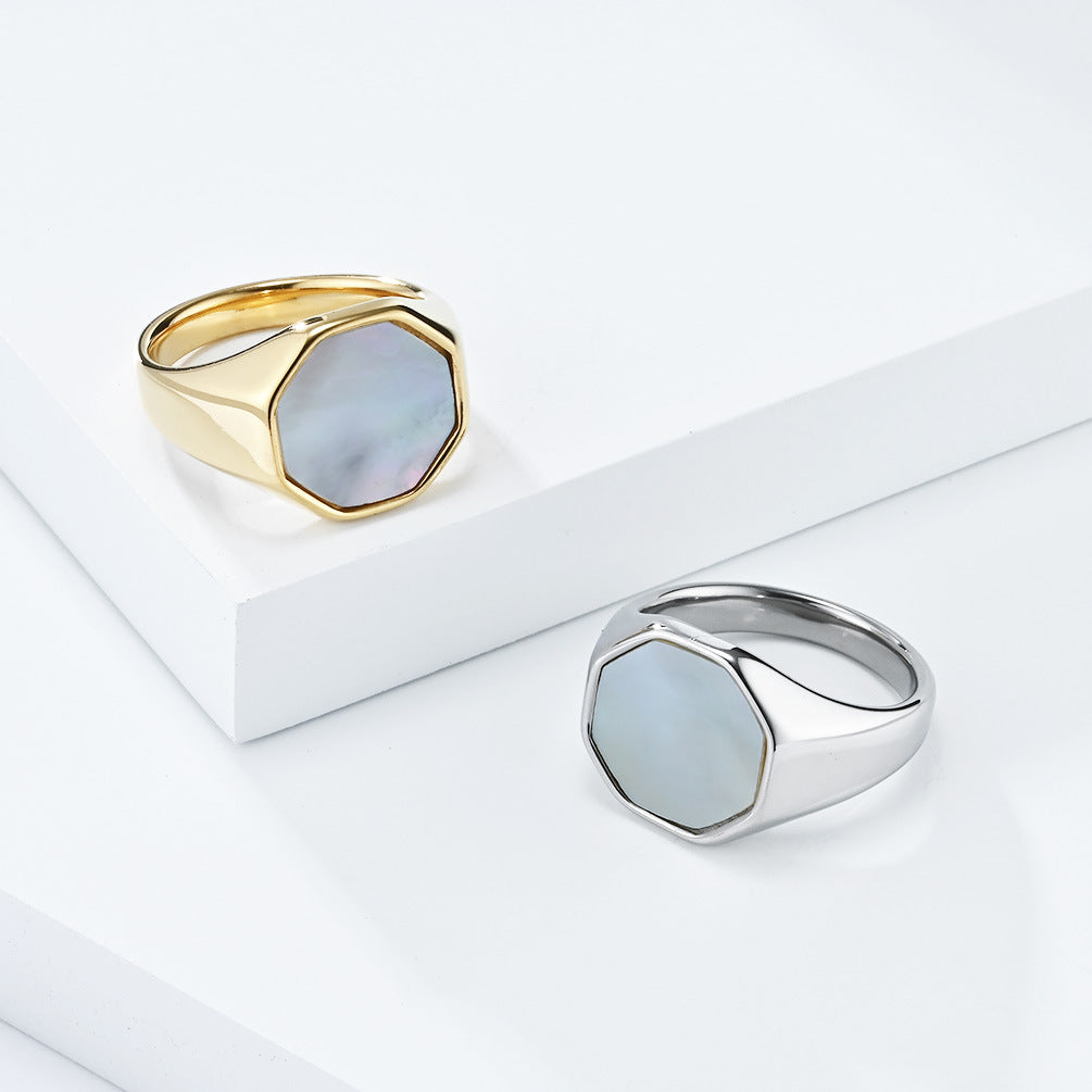 Planderful Unisex Titanium Steel Inlaid Shell Ring Geometric Design For Men And Women