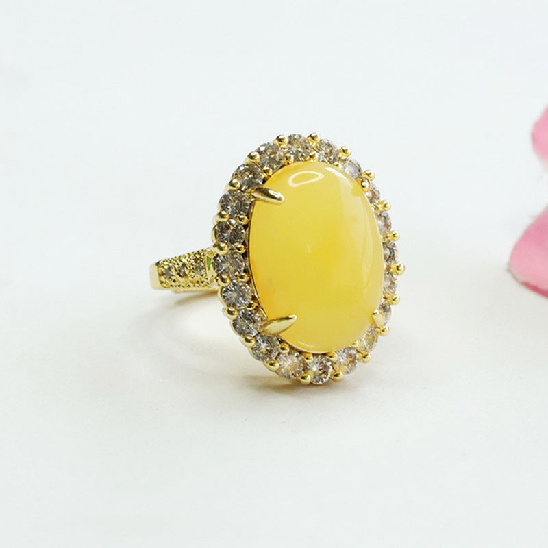 Honey Amber Halo Ring with Sterling Silver Butterfly Detail