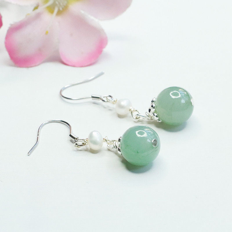 925 Sterling Silver Jadeite & Pearl Hook Earrings