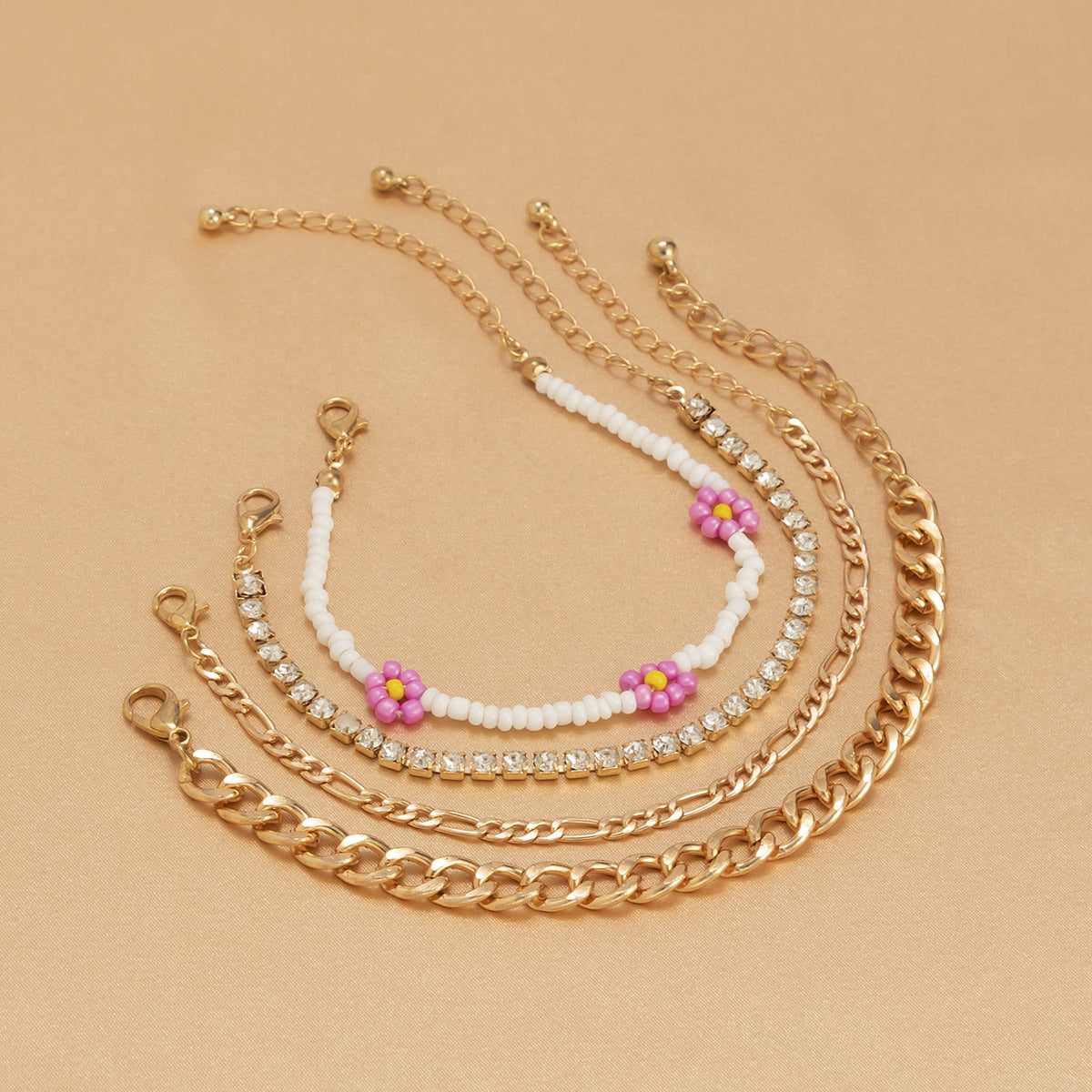 Planderful Vienna Verve Daisy Beaded Bracelet Set Stackable Hollow Chain Statement Jewelry For Women