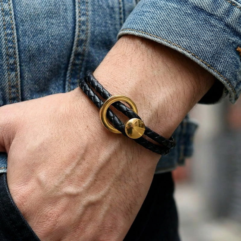 Hand Rope – Stainless Steel Round Buckle Double-Layer Black Leather Men's Bracelet