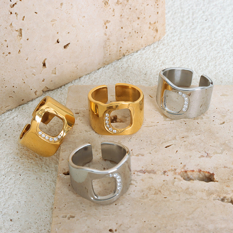 Elegant Hollow Zircon Gold-Plated Ring - Adjustable Titanium Steel Jewelry