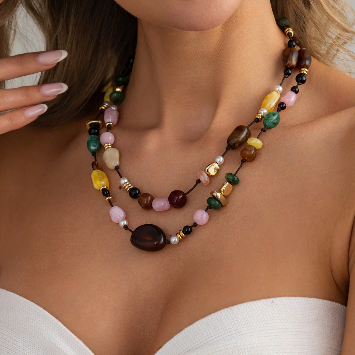 Contrasting Color Stone Beaded Double-Layer Pearl Necklace Holiday Style Retro Handmade Woven