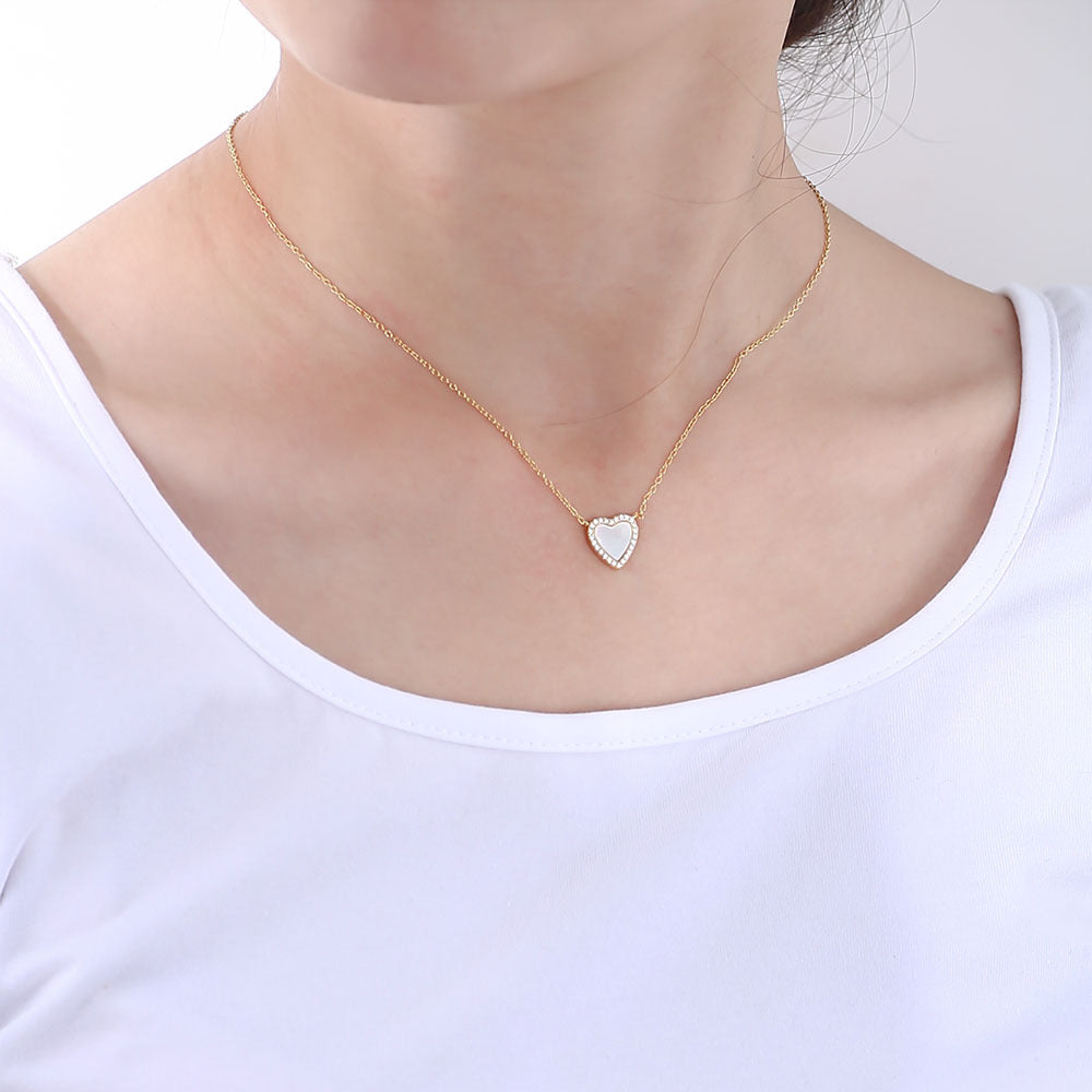 S925 Sterling Silver Love-Shaped Shell Pendant Necklace Korean Version Zircon