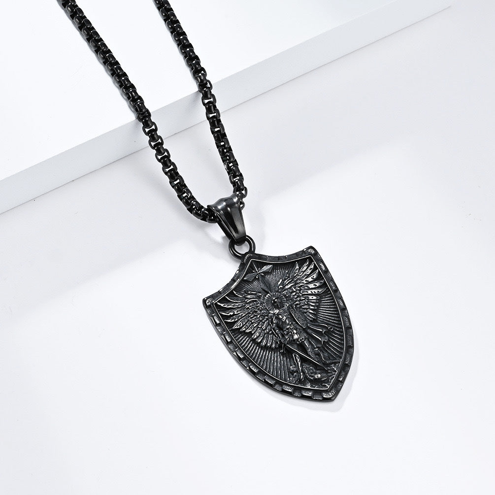 Planderful Everyday Genie Mens Titanium Steel Shield Pendant Cross Necklace Personalization