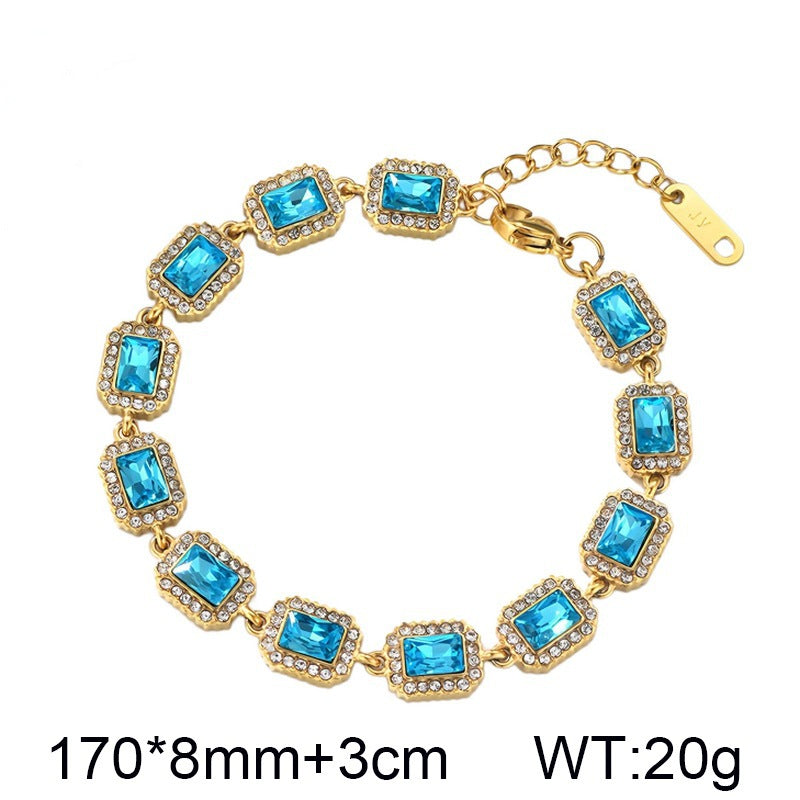 Color Surrounding Square Zircon Stainless Steel Bracelet Palace Style Adjustable