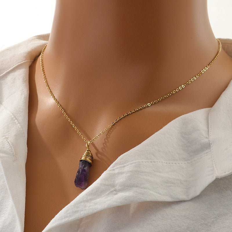 Wholesale Amethyst Stone Pendant Necklace with Unique Metal Chain Design