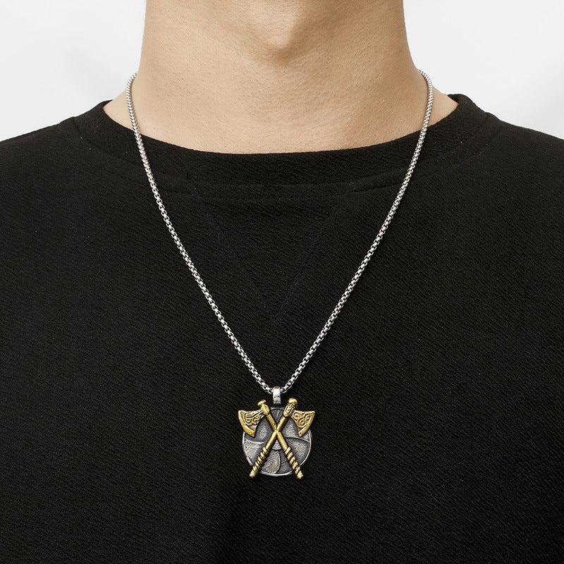 Viking-Inspired Stainless Steel Double Axe Pendant for Men – Punk Style Jewelry