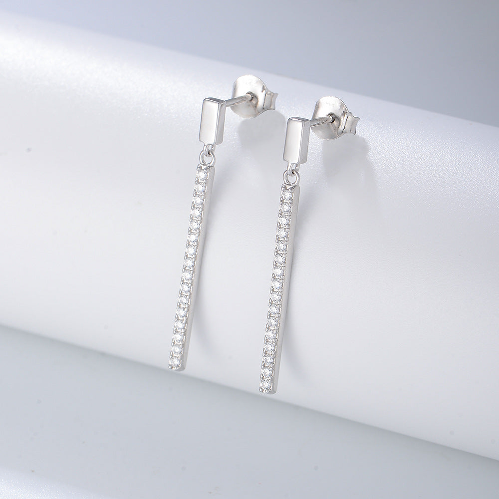 S925 Sterling Silver Geometric Rectangle Single-Row Zircon Long Fringed Earrings Stud Earrings
