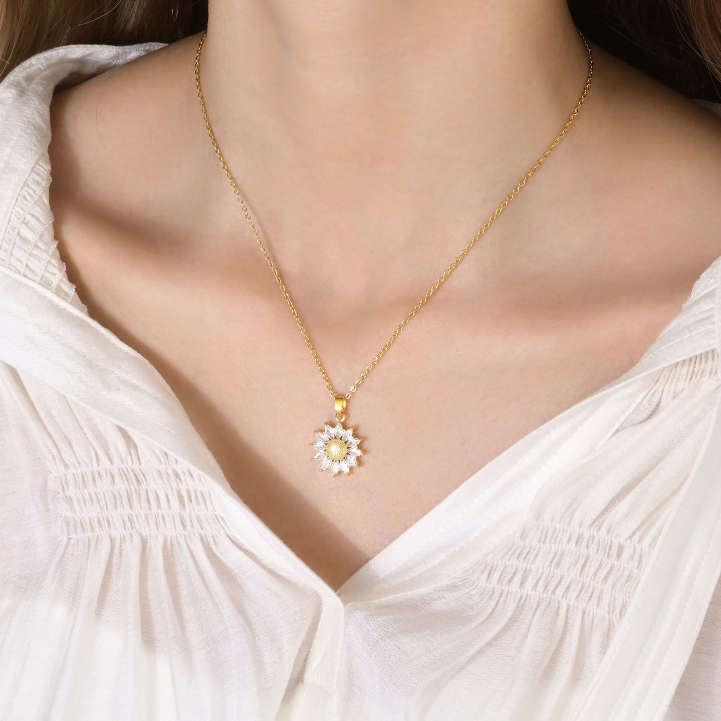 Stainless Steel Chain Copper Sunflower Pendant Necklace Women's