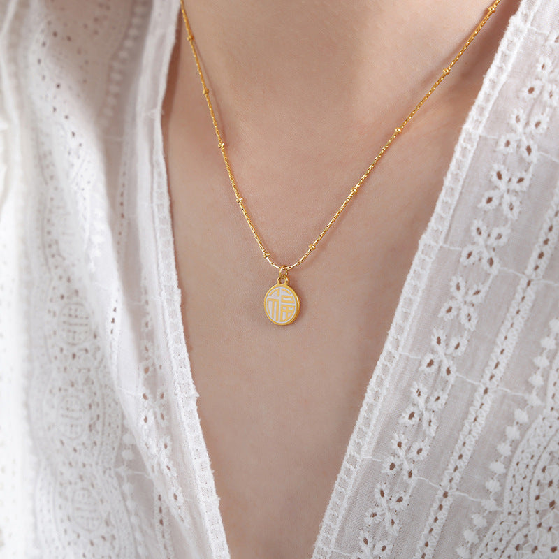 Festive Blessing Chinese Style Gold-Plated Necklace with Double-Sided Pendant