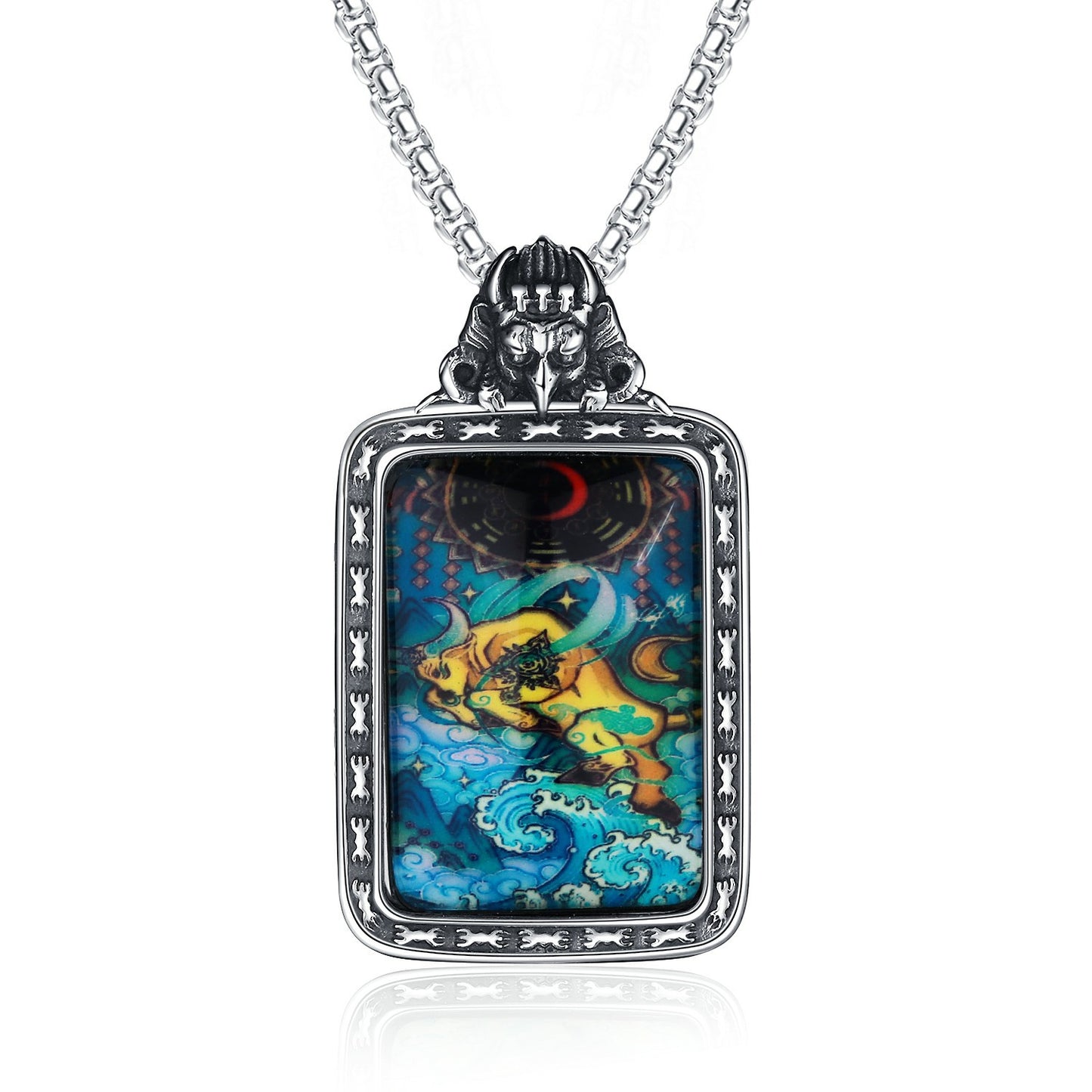 Steel Necklace – Elegant Thangka Zodiac Guardian God Of Wealth Carving, Planderful