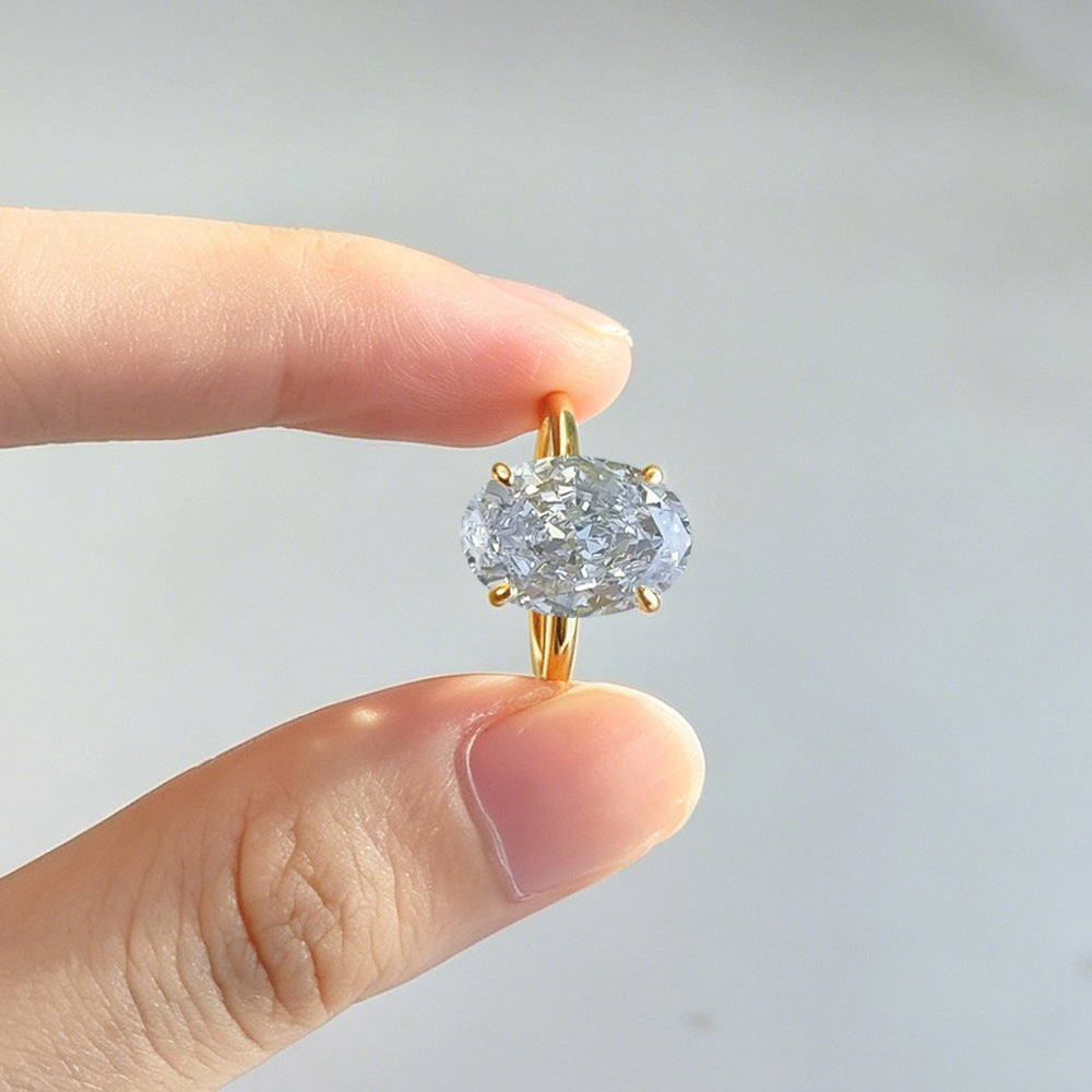925 Sterling Silver Gold-Plated Simulation Diamond Oval 8 12 Ice Flower Cut Zircon Ring
