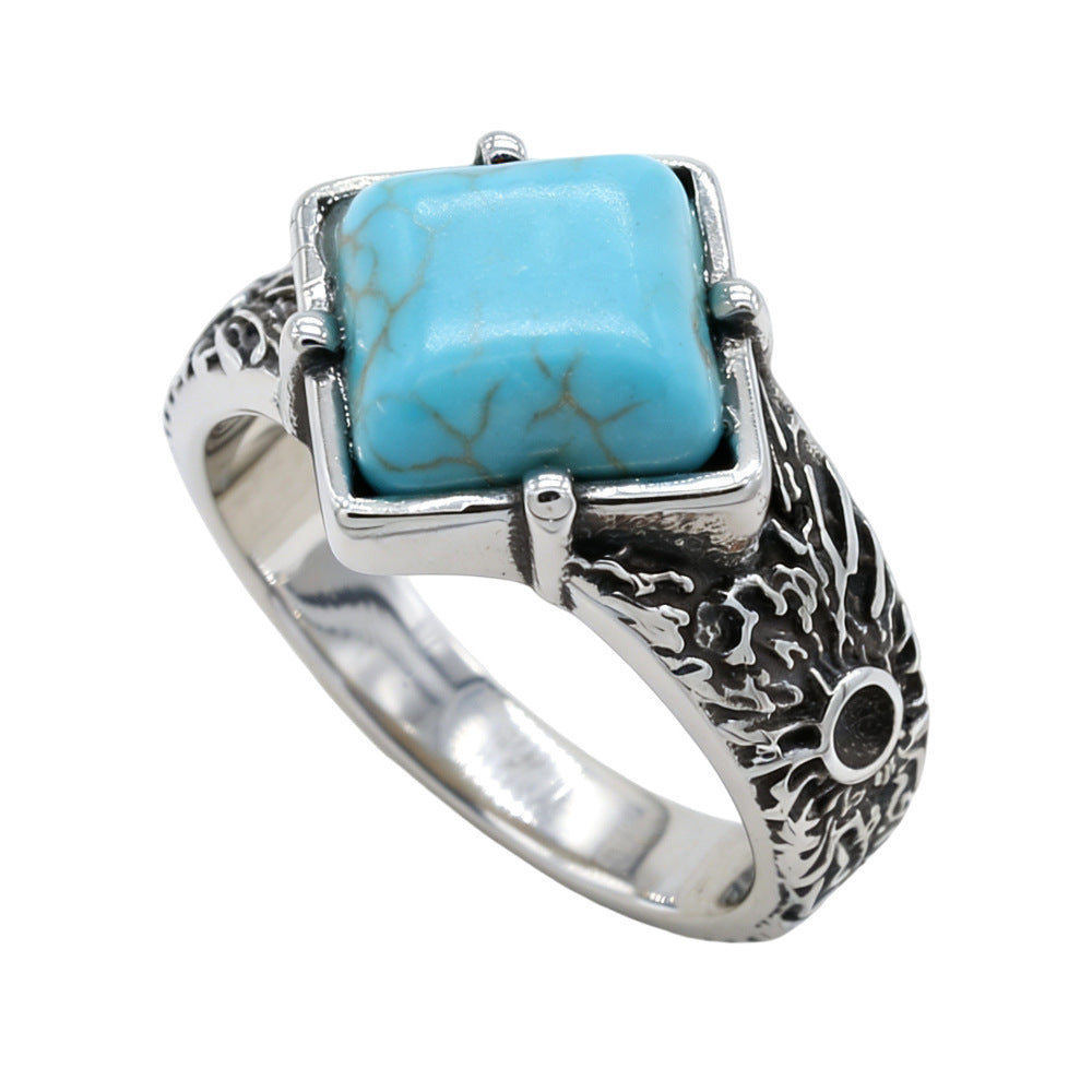 Planderful Stone Inlaid Stainless Steel Ring Unisex Retro