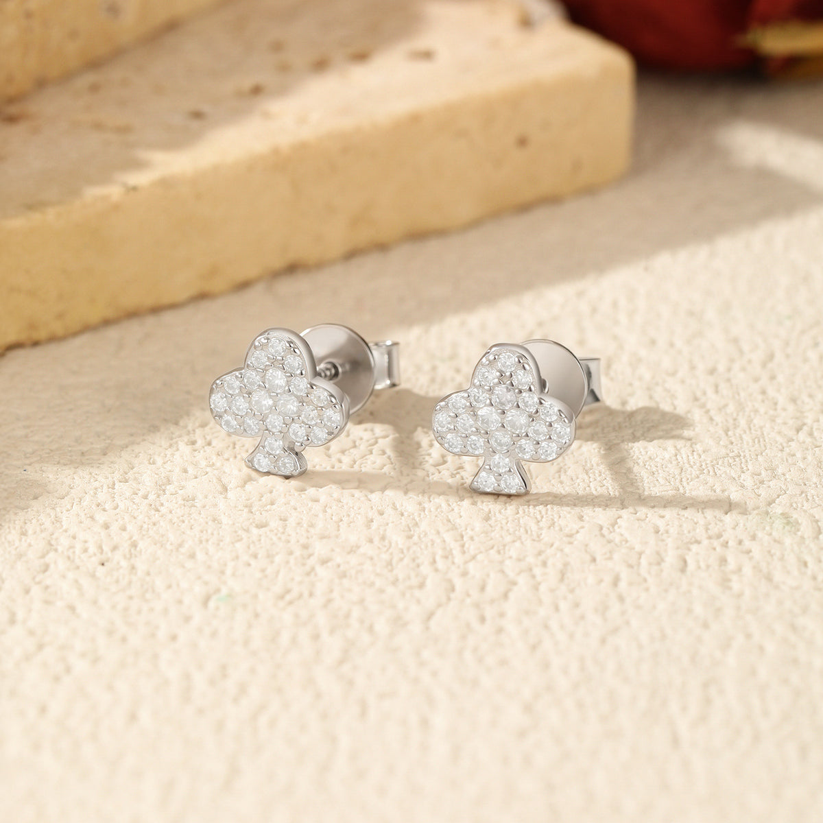 925 Sterling Silver Playing Card Floral Moissanite Stud Earrings