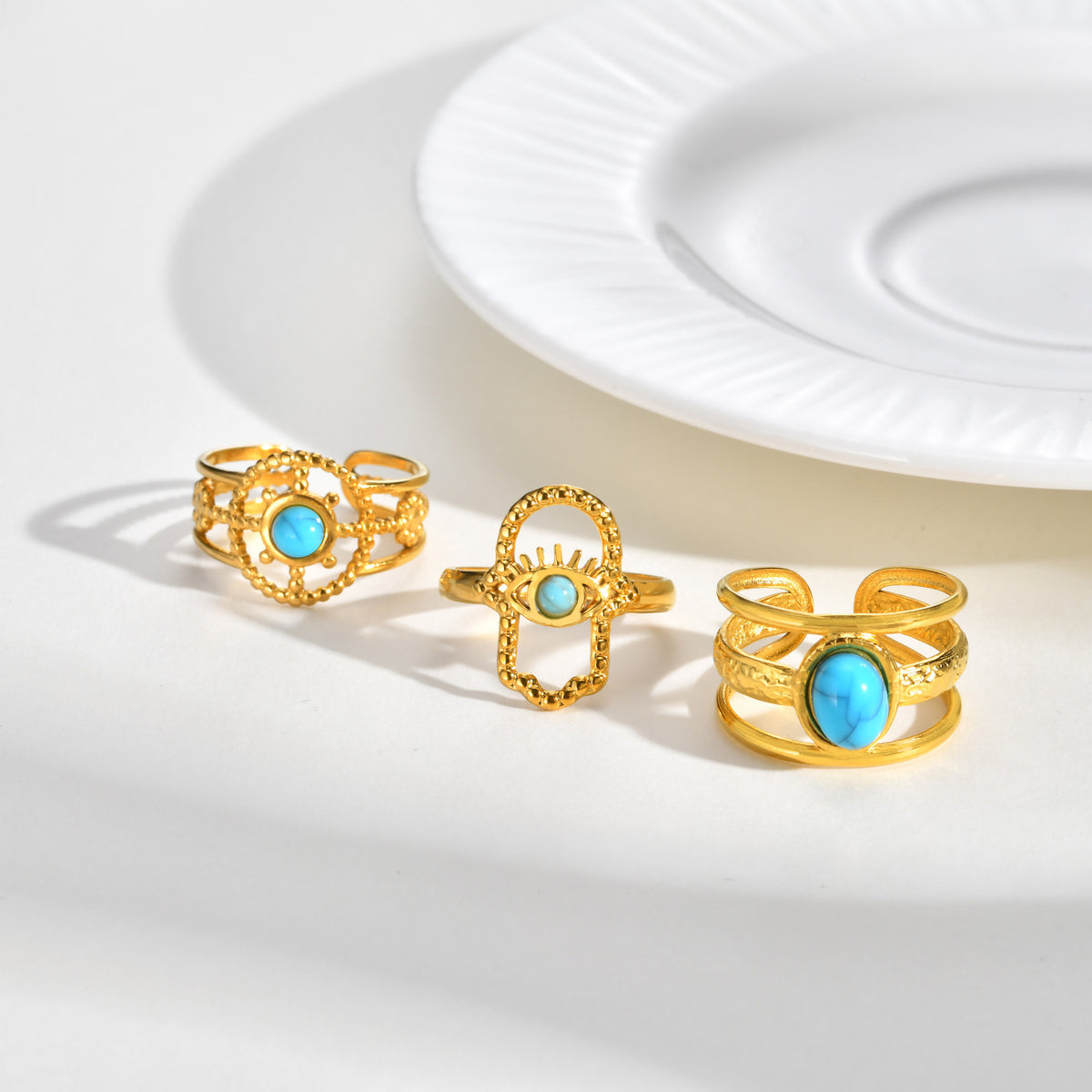 Stainless Steel Casual Gentle Cure Turquoise Triple Open Ring