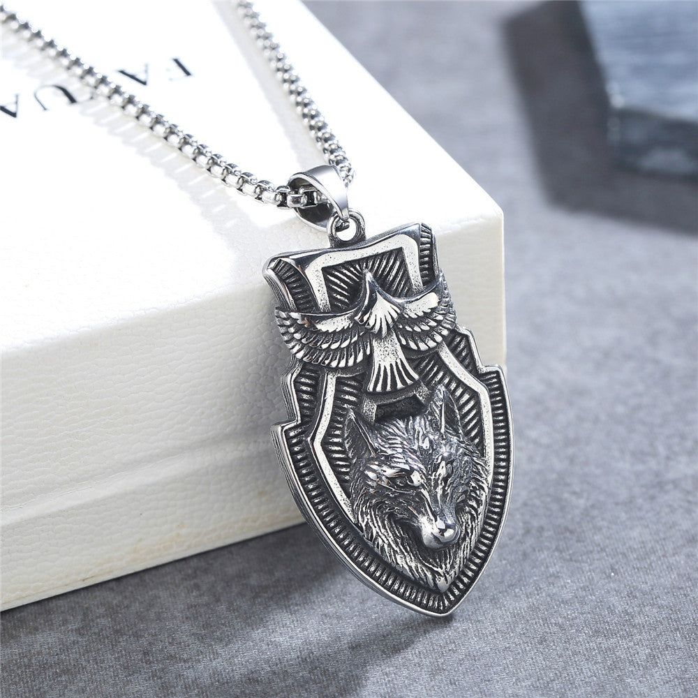 Planderful Titanium Steel Pendant Unisex Shield With Retro Eagle Wolf Design Bold Protection Jewelry