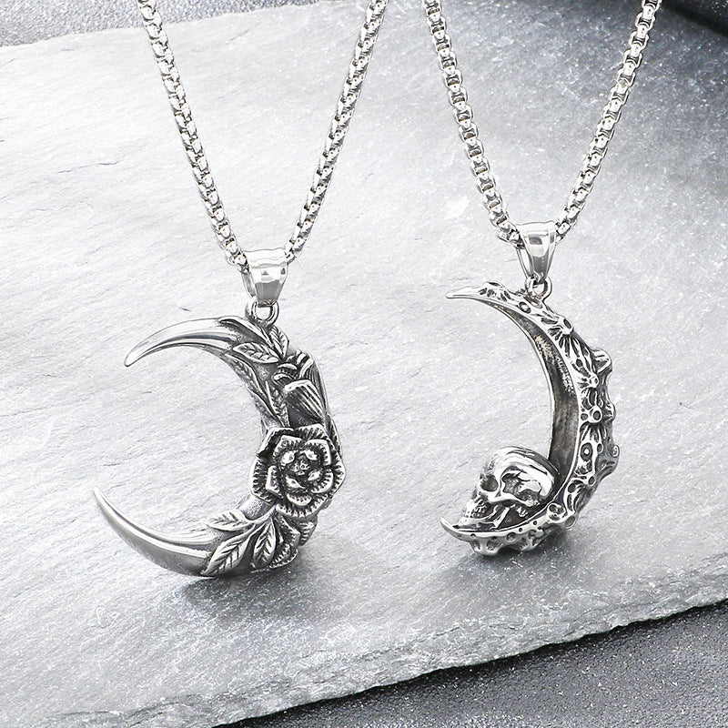 Gothic Style Dark Crescent Rose Pendant, Punk Vintage Skull Moon Titanium Steel Men's Necklace