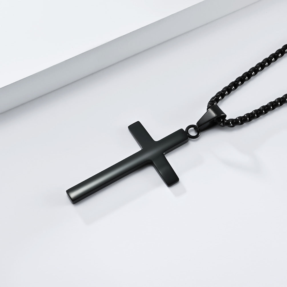 Cross-Border Simple Neutral Wind Beveled Stainless Steel Cross Necklace for Men