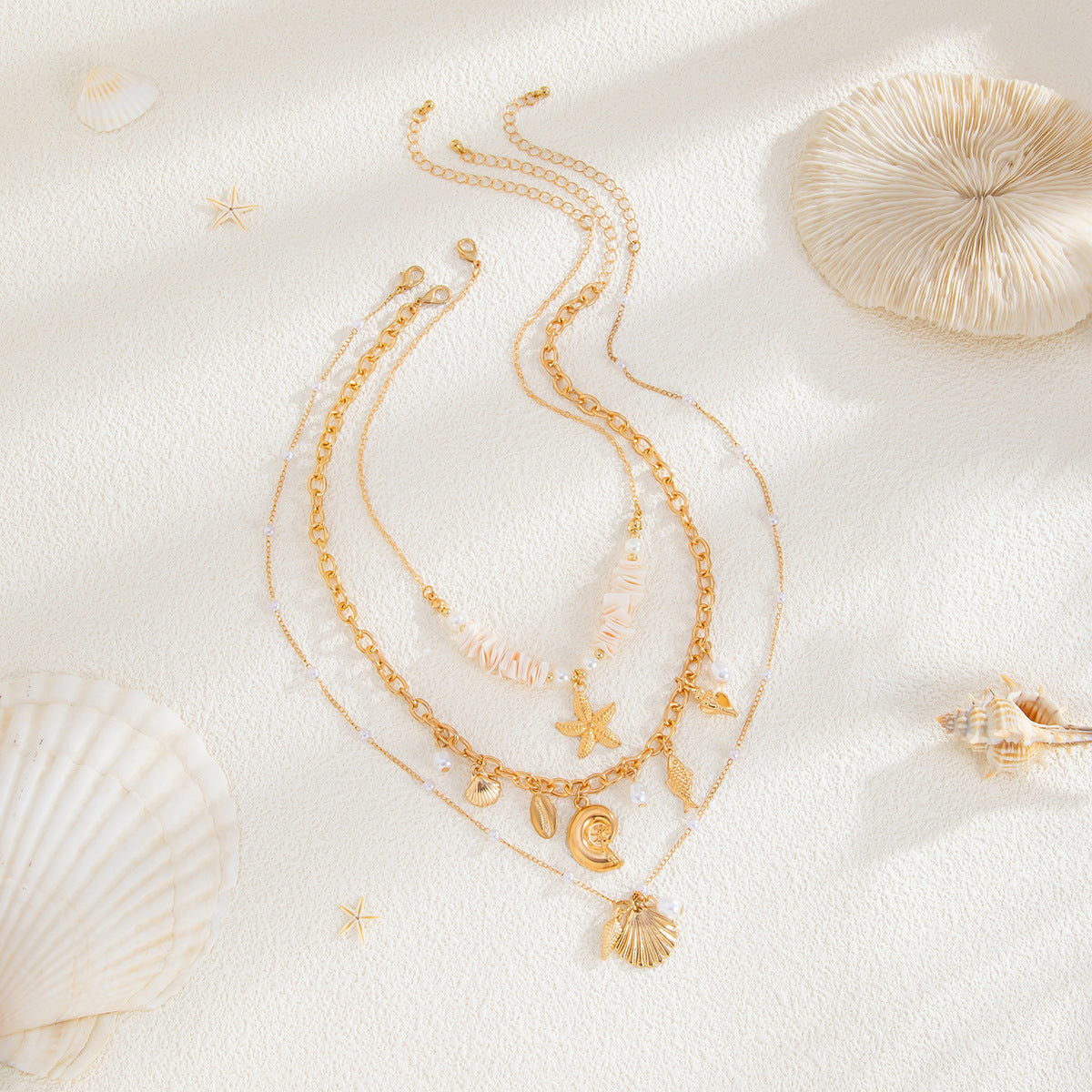 Planderful Vienna Verve Necklace – Elegant Multi-Layer Shell and Starfish Design