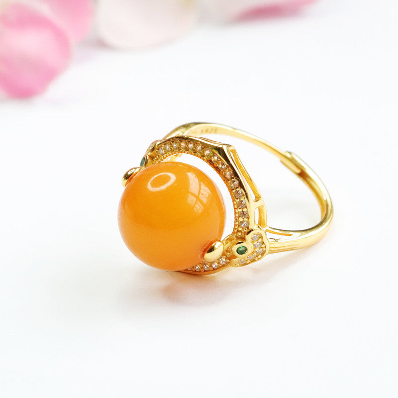 Elegant Sterling Silver Ring with Beeswax Amber Bead and Zircon