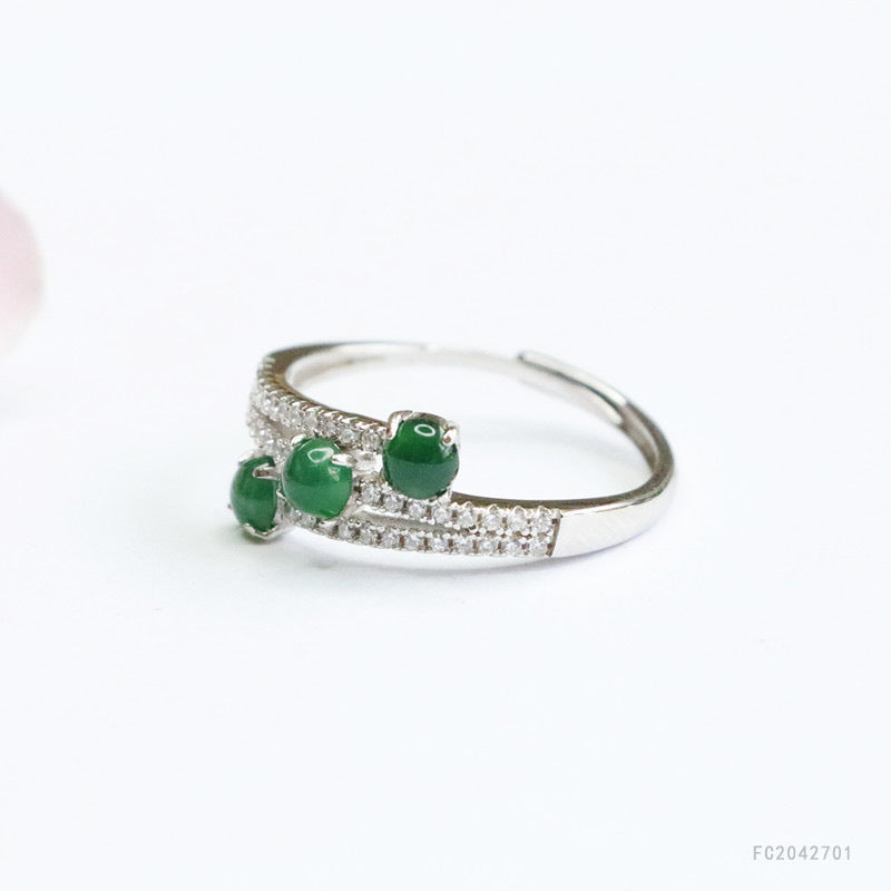 Icy Green Jadeite Triple-Life 925 Silver Ring