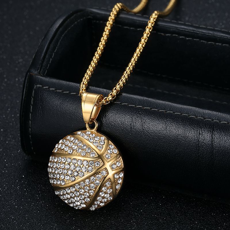 Planderful Basketball Pendant Necklace Premium Gold Plated Stainless Steel With Zircon For Hip Hop Fans