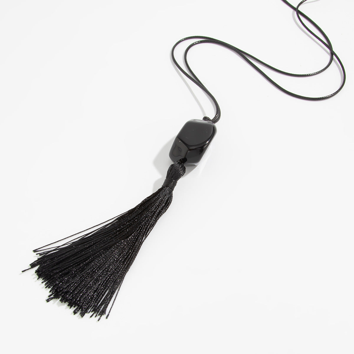 Black Acrylic Bead Tassel Long Necklace