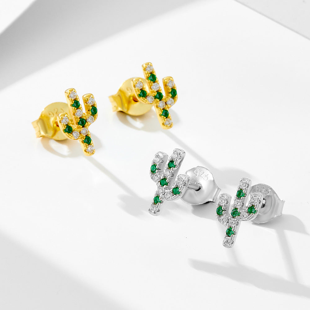 S925 Sterling Silver Cactus Micro-Inlaid Zircon Small Stud Earrings Inlaid Zircon Earrings