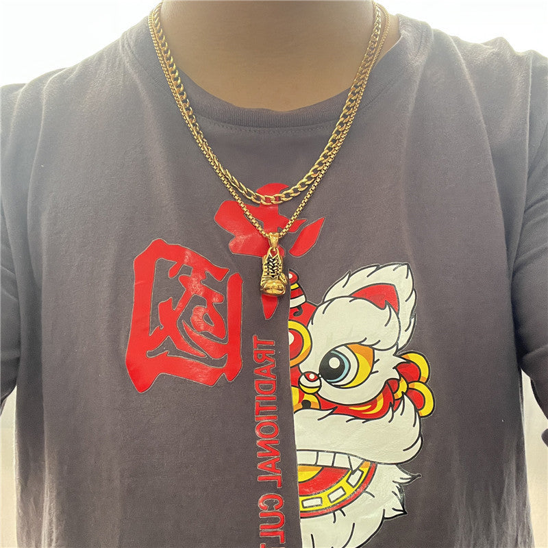 Trendy Men's Titanium Steel Boxing Gloves Pendant Necklace in Gold Finish