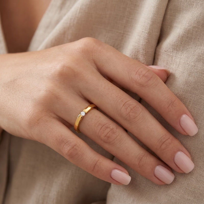 Zircon Ring Korean Vacuum Plating 3mm Round Stainless Steel Ladies Zircon Ring