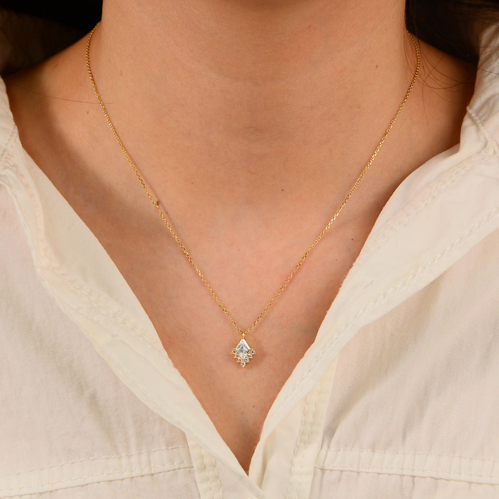 925 Sterling Silver Geometric Rhombus Zircon Pendant Necklace Style Versatile Necklace