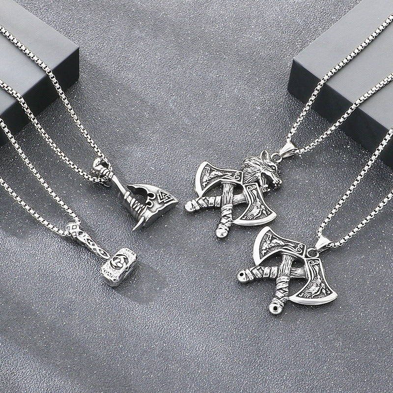 Nordic Viking Wolf Head Tomahawk Pendant, Retro Celtic Knot Warhammer Titanium Steel Necklace
