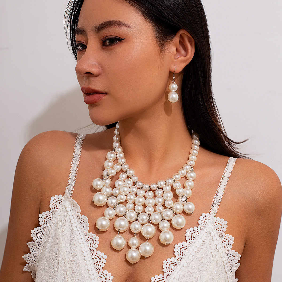 Pearl-Style Fringe Necklace & Earrings Set