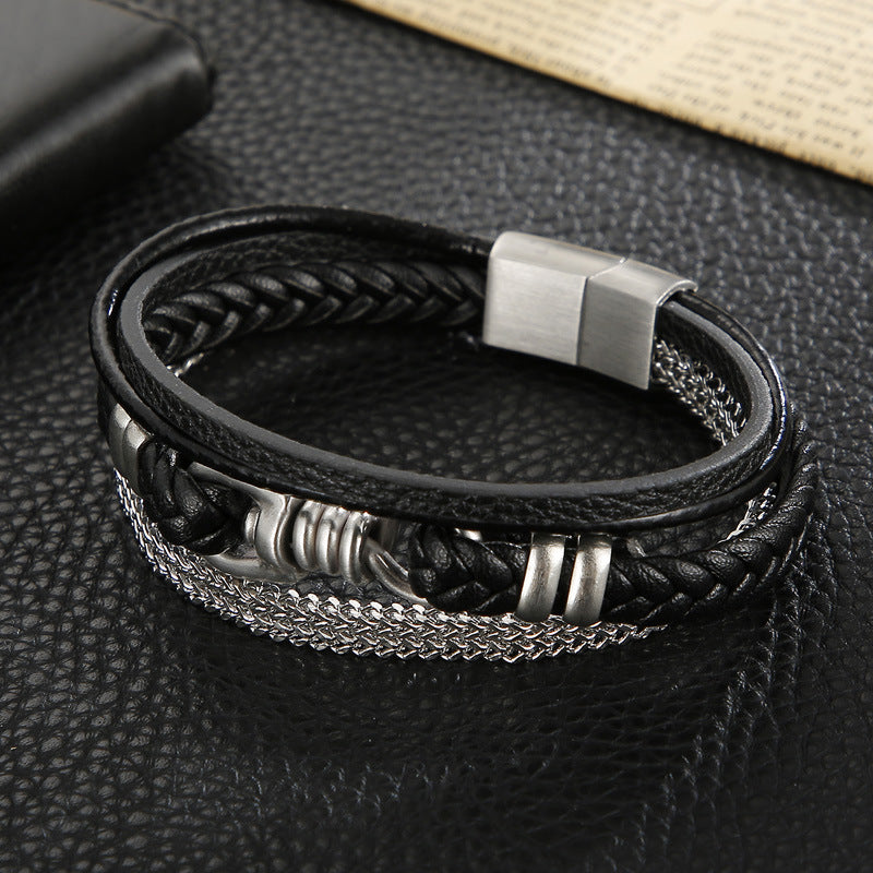 Planderful Mens Leather Bracelet Magnetic Buckle Steel