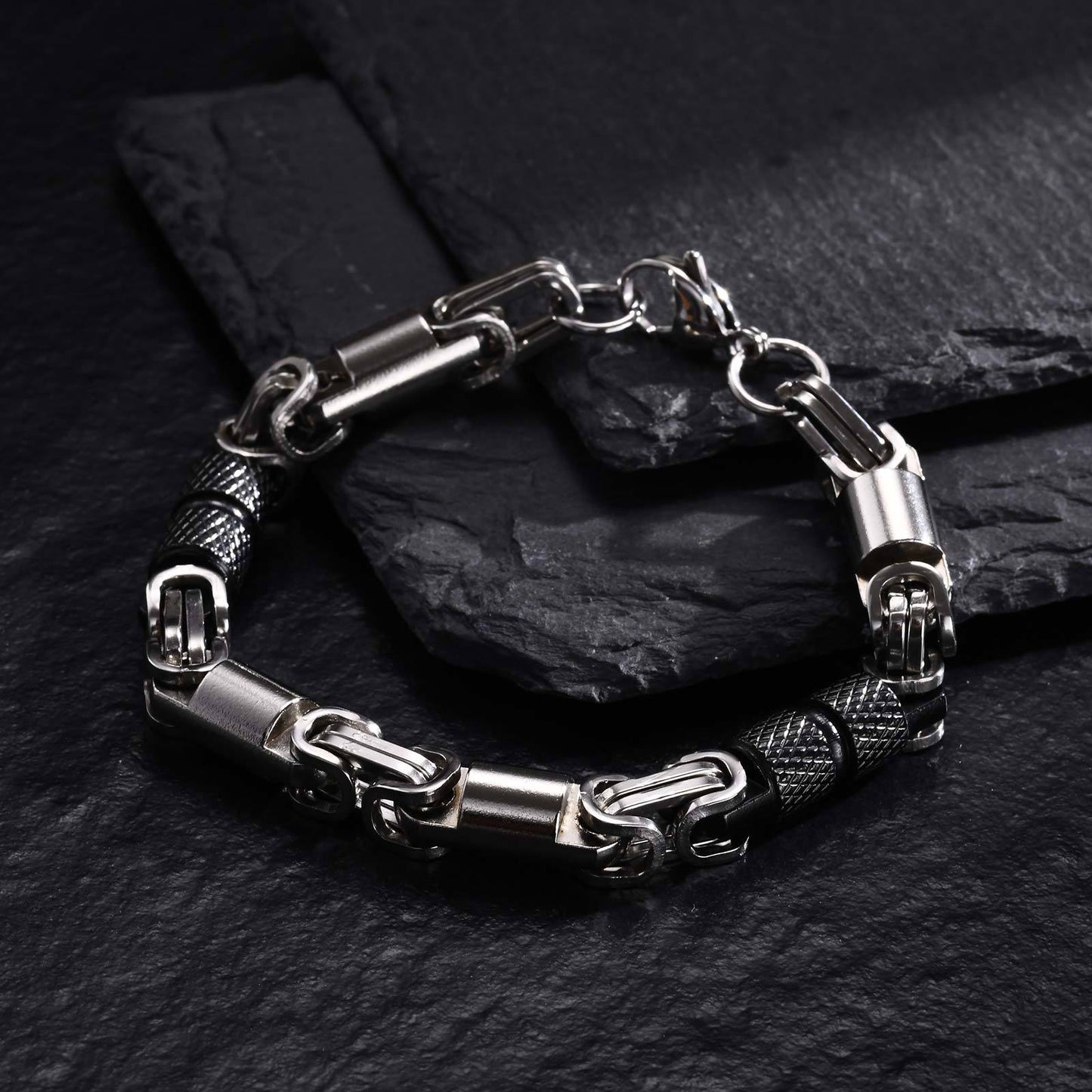Stainless Steel Byzantine Handmade Chain Bracelet Men's Electric Black