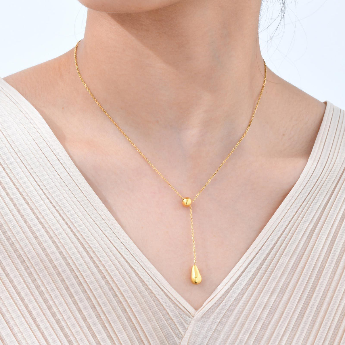 Stainless Steel Flat Cross Chain Water Drop Y-Shaped Gold Necklace