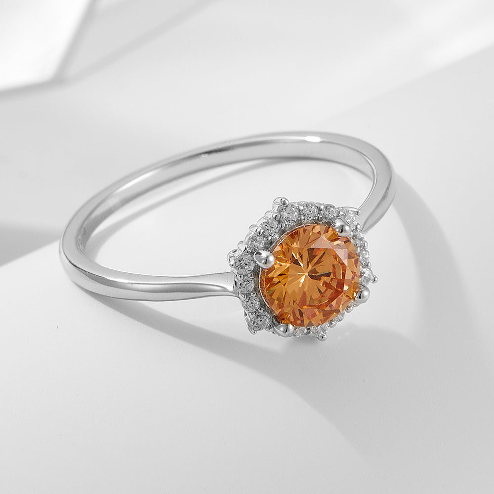 S925 Sterling Silver Champagne Zircon Ring Engagement Wedding Ring