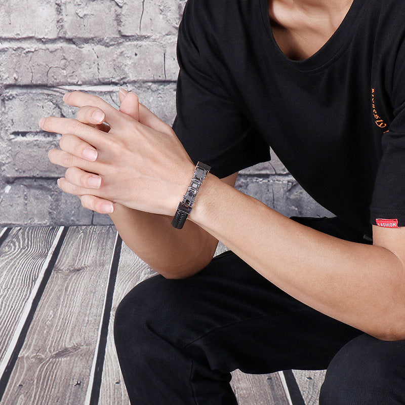 Planderful Men Punk Chain Leather Bracelet Stainless Steel