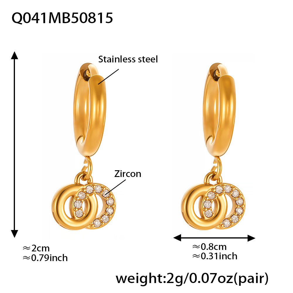 Planderful Zircon Earrings Titanium Steel Double Ring Women