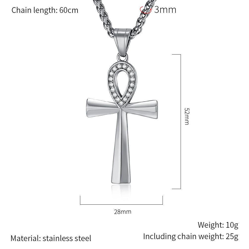 Planderful Ankh Zircon Cross Necklace For Men Titanium Steel Pendant With Inlaid Zircon Stones