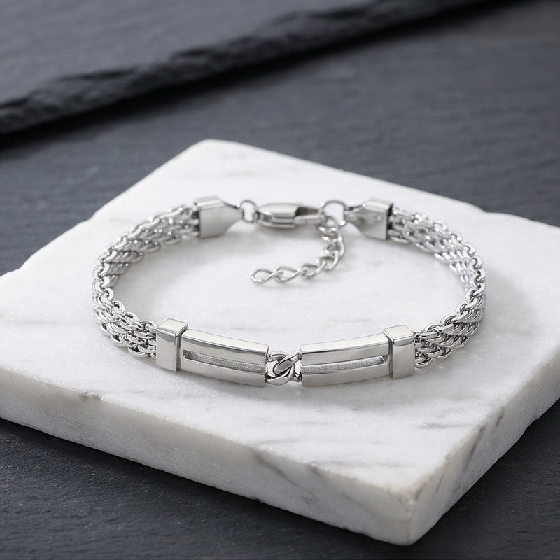 Including Extension Chain – Layered Hollow Curved Bar Mesh Chain Stainless Steel Bracelet