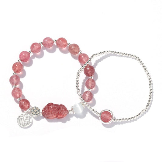 Luxurious Sterling Silver Pixiu Crystal Bracelet with Natural Strawberry Crystal Layers