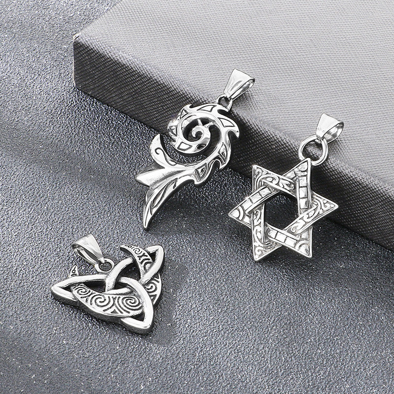Mythical Moon Celtic Knot Amulet Phoenix Flame Hexagram Titanium Steel Men's Pendant Necklace