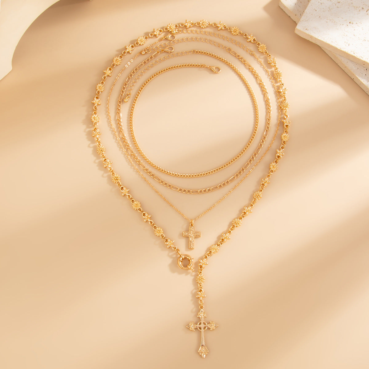 Flower Chain & Cross Layered Necklace