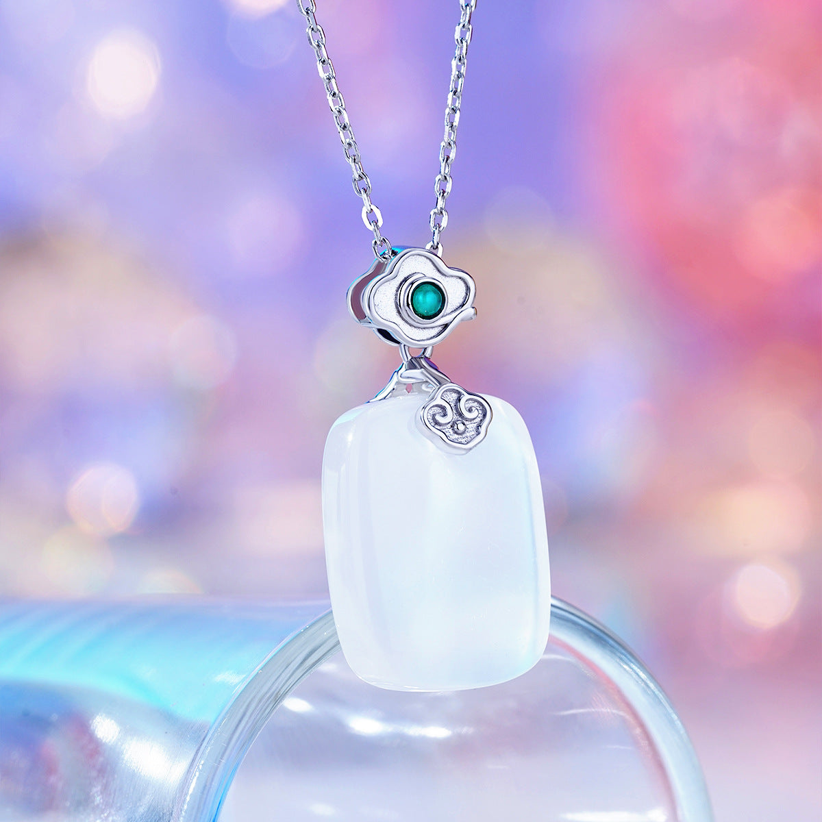 S925 Sterling Silver Natural Chalcedony Auspicious Cloud Necklace